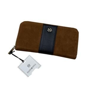 Mark & Hall Brown Black Faux Suede Faux Leather Long Zipper Wallet Wrist Strap